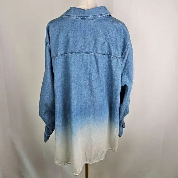 Susan Graver Denim Ombre Gradient Button-Down Shirt 3XP Blue White Long Sleeve - Picture 6 of 12